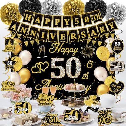 Black Gold Happy 50th Wedding Anniversary Party Decorations Supplies Kit