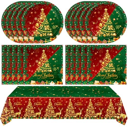 41PCS Christmas Party Supplies Merry Christmas Dessert Paper Plates Napkins and Plastic Tablecloths Tableware Set for Holiday Xmas Party Decorations Supplies Tables Decor Favors Serve 20 Guests - color: Merry Christmas