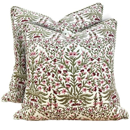 ATOSII Cotton Blockprint Throw Pillow Cover, Nargis Pink, Set of 2, 18 X 18 - color: Nargis Pink, size: 18" x 18" (Pack of 2)