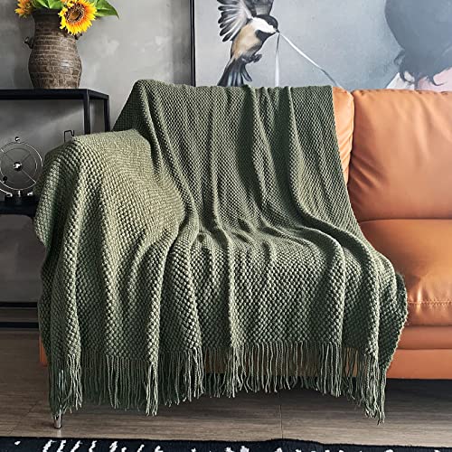 LOMAO Knitted Throw Blanket with Tassels Bubble Textured Lightweight Throws for Couch Cover Home Decor (Dark Olive, 50x60) - color: Dark Olive, size: 50x60"
