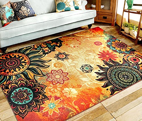 Contemporary Boho Retro Style Abstract Living Room Floor Carpets,Non-Skid Indoor Large Area Rugs,52"x75" Lotus - size: 4'4" x 6'3" (Oblong)