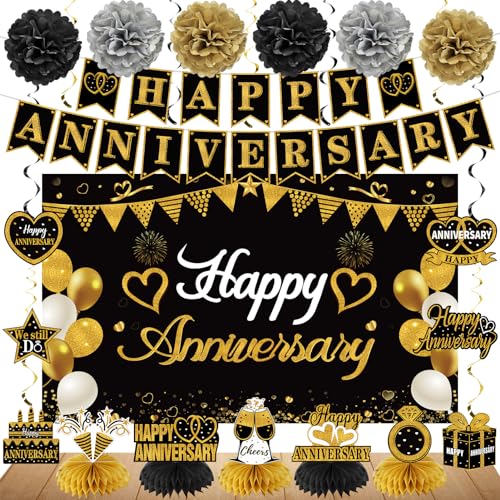 Turypaty Happy Wedding Anniversary Decorations Kit Supplies Black Gold