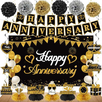 Turypaty Happy Wedding Anniversary Decorations Kit Supplies Black Gold