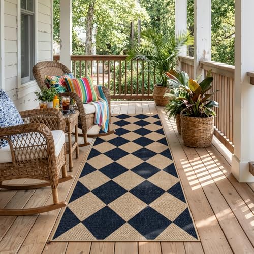 Lahome Checkered Easy Jute Non Slip Runner Rug, 2x6 Kitchen Runner Rug Washable Outdoor Rug for Entryway Indoor, Checkerboard Black Indoor Outdoor Carpet for Hallway 6ft Entry Front Door - color: Black/Checkerboard -2, size: 2' x 6' (Runner)