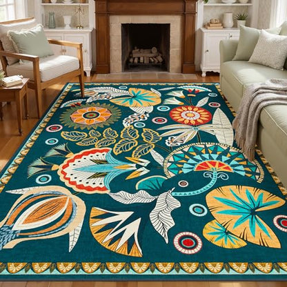 Joydeco Egypt Floral Machine Washable Living Room Bedroom Area Rugs 5x7 - color: Dark Green, size: 5' x 7' (Rectangular)