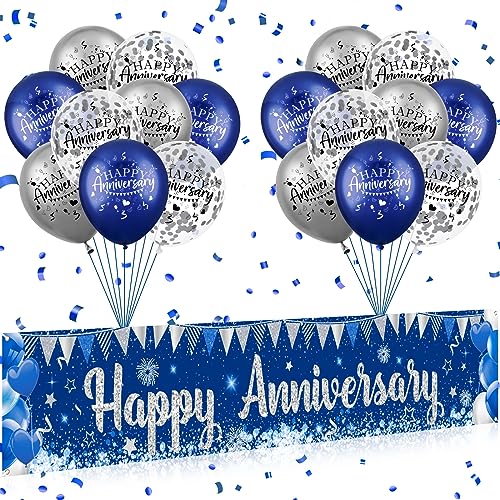 Blue Happy Anniversary Decorations for Men Women, Silver Blue Happy Anniversary Banner and 18pcs Balloons Party Decor for Wedding Anniversary Decorations Kit Supplies - color: Happy Anniversary