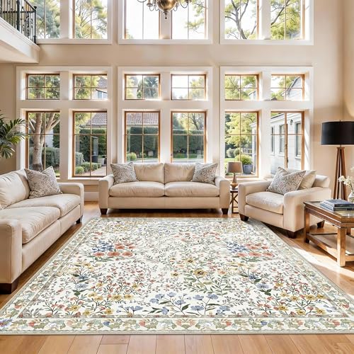 7x7 Vintage Floral Dining Room Rug - 7ft Square Low Pile Non Slip Machine Washable Area Rug, Indoor Carpet for Under Table/Bed Living Room Bedroom Office Nursery Entryway Playroom (7ft Square, Beige) - color: Beige, size: 7x7