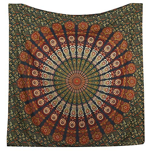 Bless International-Organic-Cotton-Golden-Green-Handmade-Mandala-Tapestry - color: Golden Green, size: 90"L x 84"W