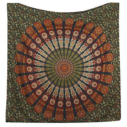 Bless International-Organic-Cotton-Golden-Green-Handmade-Mandala-Tapestry - color: Golden Green, size: 90"L x 84"W