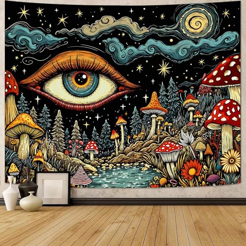 Lifeel Moshroom Hippie Tapestry, Mystic Boho Aesthetic Moon Star Eye Tapestries for Bedroom Living Room Dorm - color: Blue, size: 48"L x 36"W