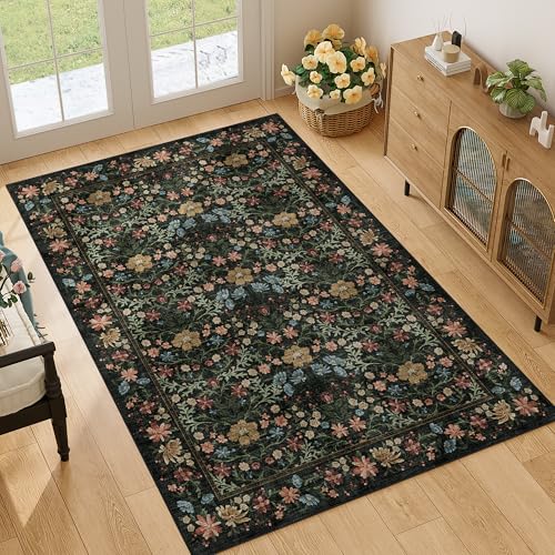 DUKINO 4x6 Rug for Living Room, Washable Vintage Floral Area Rug, Black - color: Black, size: 4' x 6' (Rectangular)