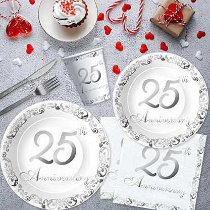 APOWBLS 25th Anniversary Decorations Tableware Wedding, Silver, Serves 24