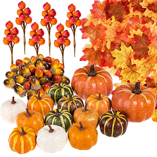 Whaline 160 Pcs Fall Decorations for Home Autumn Artificial Maple Leaves Harvest Pumpkins Gourds Acorns and Orange Berry Stems Set for Thanksgiving Halloween Home Table Decoration Party Backdrop