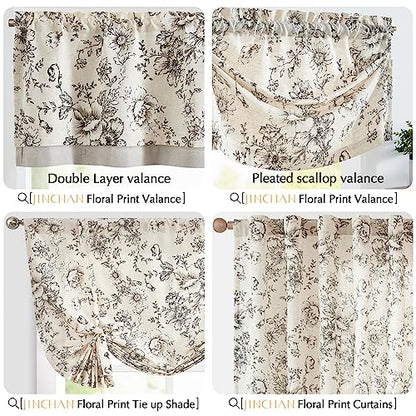 jinchan Floral Linen Kitchen Valance Curtain, 50x18, 1 Panel, Black - color: Flower Black on Beige, size: 50"W x 18"L (Pack of 1)