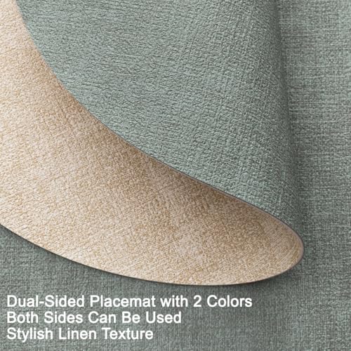 Myir JUN 14" Round Placemats Set of 4, Reversible Dual-Color Place Mats - color: Cream-white Sage Green