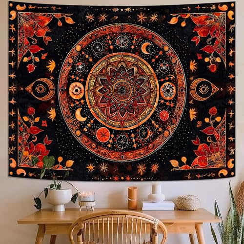 Lunerfex Mandala Moon and Stars Tapestry Boho Tapestry for Bedroom Black and Orange Tapestries Wall Hanging Living Room Wall Art and Home Decor 44x60 - color: Red, size: 60"L x 44"W