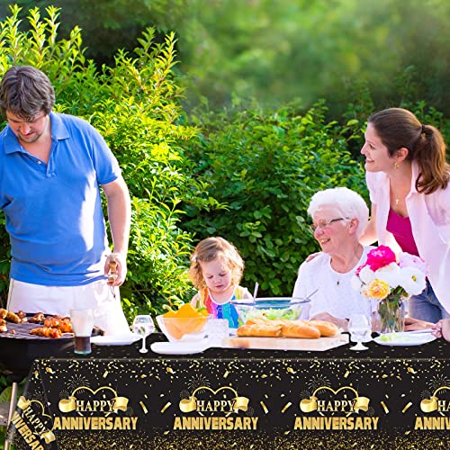 Tevxj 3 Pack Happy Anniversary Tablecloth Disposable Anniversary Party Decorations Black Gold Dot Confetti Table Covers Party Supplies for Rectangle Tables Favors for Guests 54 x 108 Inch - style: Happy Anniversary