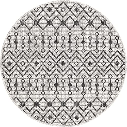 Unique Loom Outdoor Trellis Collection Area Rug - Tribal Trellis (3' 3" Round, Gray/ Black) - color: Gray/Black, size: 3'3" (Round)