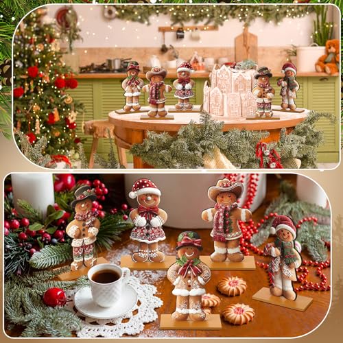RattanView 5 Pcs Christmas Gingerbread Tabletop Decorations Wooden Christmas Centerpiece Table Decor Holiday Sequins Village Standing Sign with Base for Xmas Home Mantel Shelf(Gingerbread Man) - style: Gingerbread Man