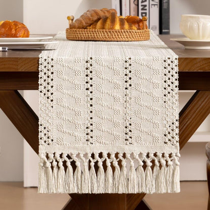 Beige Woven Table Runner Cotton Linen Boho with Tassels 11"×72" - color: Beige, size: 11" × 70"