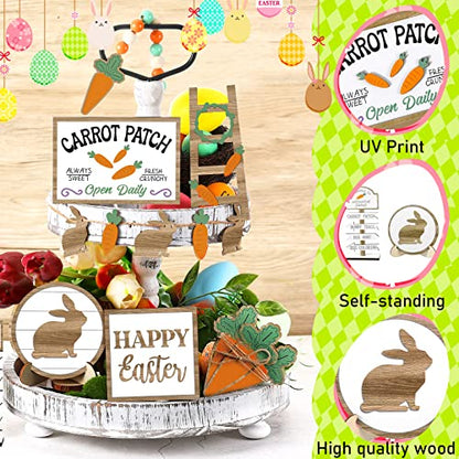Jetec 12 Pcs Easter Tiered Tray Decor Wooden Carrot Patch Bunny Egg Tiered Tray Items Happy Easter Signs for Spring Home Farmhouse Rustic Kitchen Decorations (Wooden Bunny) - style: Wooden Bunny