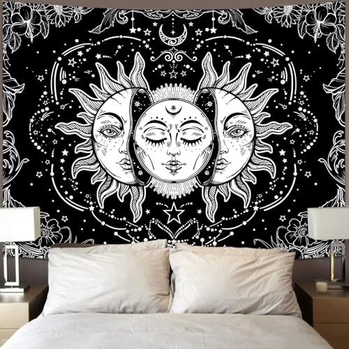 Lifeella Black and White Sun and Moon Tapestry, Burning Sun Tapestries Aesthetic Mystic Wall Hanging for Bedroom Decor 36×48 inch - color: Black and White, size: 48"L x 36"W