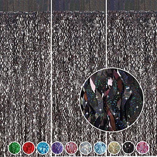 Black Foil Curtain Backdrop, CYLMFC 3 Pack 3.3 ft x 6.6 ft Sparkle Metallic Foil Curtains for Photo Booth Props Decoration,Graduation,Fiesta,Halloween Party Decor - color: Laser Black