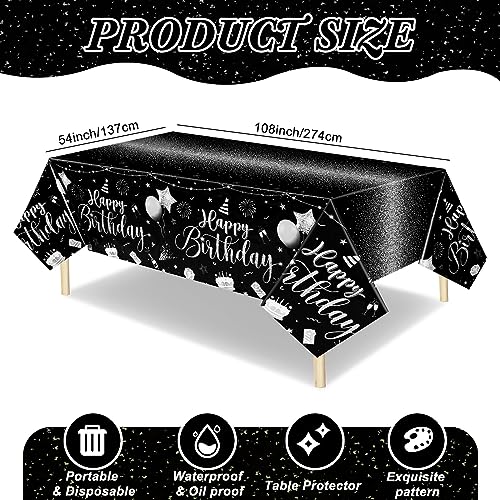 Tudomro 3 Pcs Plastic Happy Birthday Party Tablecloths,Black Silver - color: Black Silver
