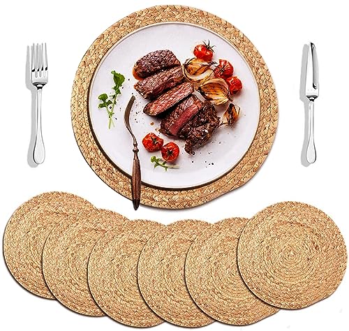 Water Hyacinth Woven Placemats, 13 inches Round Handwoven Boho Vintage Placemats Set of 6 Rattan Plate Chargers Wicker Tablemats Braided Heat Resistant Place Mats for Wedding Party - color: Water Hyacinth Brown, size: Round Set of 6