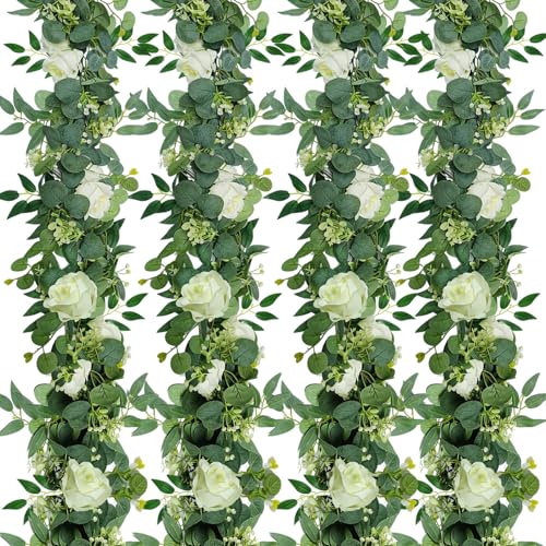4 Packs 5.9 Ft Artificial Eucalyptus Willow Leaves Garland with Flowers Artificial Greenery White-Flowered Vines Fake Eucalyptus Flower Garland for Wedding Decoration Table Home Stairs Decor - color: Green, White