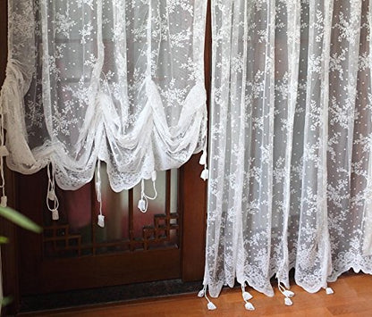 FADFAY Lace Balloon Curtain White Adjustable Tie-Up Curtain Shade, Embroidered Semi Sheer Farmhouse Drape for Living Room Bedroom Dining Room, 1 Panel Floral Tulle Curtains for Windows-78''59'' - size: 78"W x 59"L (Pack of 1)