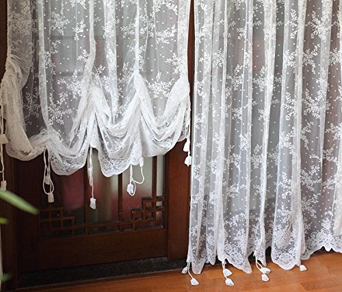 FADFAY Elegant White Lace Embroidered Sheer Balloon Curtains, Adjustable Tie-Up Curtain, 1 Panel Floral Tulle Curtains for Windows-78''*78'' - size: 78"W x 78"L (Pack of 1)