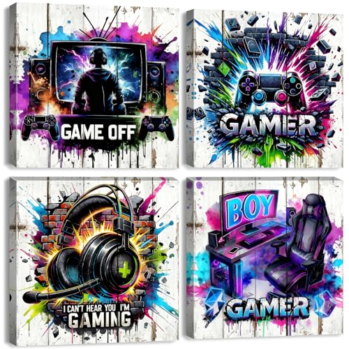 Gaming Wall Art Teen Boys Bedroom Decor Neon Game Accessories Poster Cool Graffiti Gamer Canvas Prints Controller Headset Video Games Artwork for Teenage Men Gaming Room Home Decorations 12x12'' 4Pcs - color: Gamer Boy02, size: 12 x 12 in