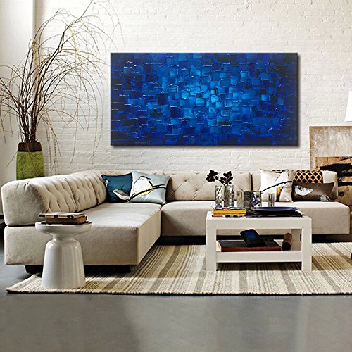 MyArton Large Abstract Dark Blue Square Wall Art Hand Painted Textured Oil Painting on Canvas Ready To Hang 60x30inch - color: Blue, size: 60"L x 30"W
