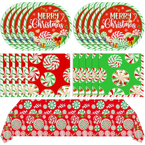 41 Pcs Peppermint Party Tableware Set Include Christmas Candy Cane Paper Plates Napkins and Plastic Tablecloth Red Green Christmas Candy Winter Party Decor for Holiday Xmas - color: Candy Christmas