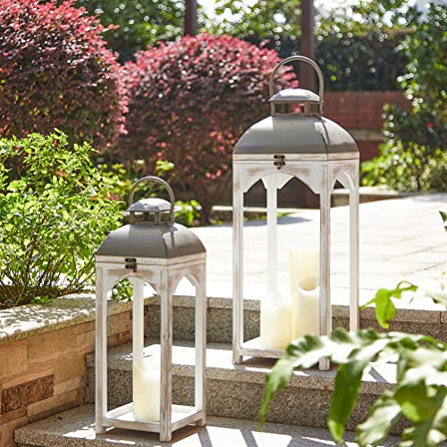 Glitzhome Lanterns Decorative Indoor, 2 Pack Mondern Farmhouse Candle Lanterns,Wooden Hanging Lanterns with Metal Top Floor Candle Lanterns for Home Décor, Weddings, Parties, Holiday (No Glass) - color: Distressed White