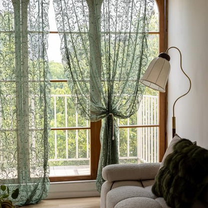 TUDECO Green Lace Curtains 96 Inch Long, Embroidered Floral Sheer 2 Panels - color: Olive Green, size: 59"W x 96"L (Pack of 2)