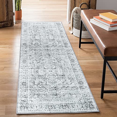 Bloom Rugs Washable Non-Slip 7 ft Runner - Gray/Charcoal Traditional Medallion Runner for Entryway, Hallway, Bathroom, and Kitchen - Exact Size: 2.5' x 7' - color: Gray / Charcoal, size: 2'6" x 7' (Runner)