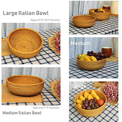 Hadewoven Round Rattan Fruit Basket Wicker Food Tray Weaving Storage Holder Dinning Room Bowl, 10 Inch Woven Bread Basket Key Bowls with 4”Wall for Table, Countertop (Large 9.8") - size: Large 9.8"