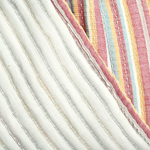 Lush Decor Tracy Stripe Boho Kantha Pick Stitch Cotton Throw Blanket Single 50" W x 60" L Rust & Yellow - Striped Throw Blankets for Bed - Couch Blanket