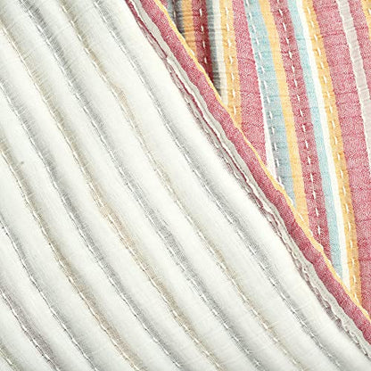 Lush Decor Tracy Stripe Boho Kantha Pick Stitch Cotton Throw Blanket Single 50" W x 60" L Rust & Yellow - Striped Throw Blankets for Bed - Couch Blanket