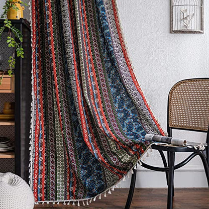 VOGOL Boho Tassel Window Curtains, 1 Panel Geometric Striped Bohemian Style Country Curtain, Cotton Linen Drapes for Bedroom Living Room, 59 x 63 Inches - color: C4, size: 59"W x 63"L (Pack of 1)
