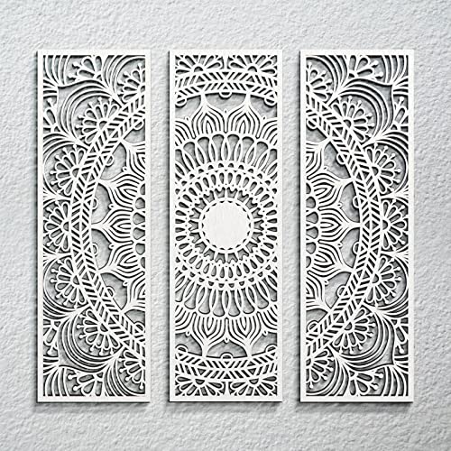 Blulu 3pcs Mandala Wall Art Carved Wood Wall Art Floral Aesthetic Wooden Plaque Set Wood Carving Decor Farmhouse Modern Cutout Plaque for Home Bathroom Decoration(15.8 x 5.1 Inch,White)