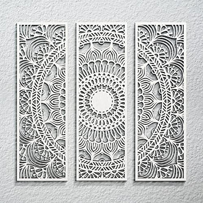 Blulu 3pcs Mandala Wall Art Carved Wood Wall Art Floral Aesthetic Wooden Plaque Set Wood Carving Decor Farmhouse Modern Cutout Plaque for Home Bathroom Decoration(15.8 x 5.1 Inch,White)