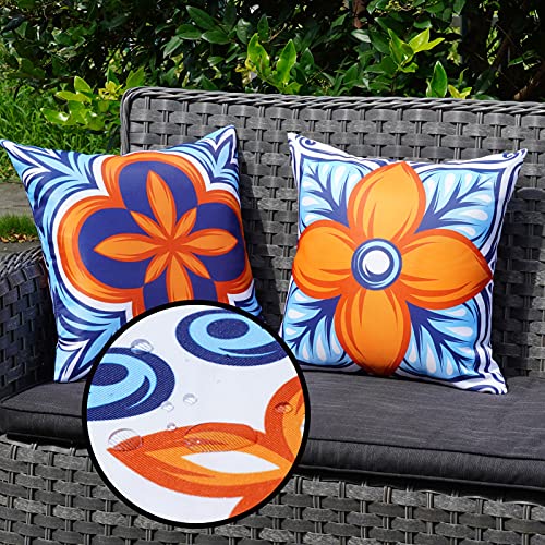 ONWAY Outdoor Pillow Covers Waterproof Set of 4 Floral Boho Decorative Throw Cushion Cover Farmhouse Pillows for Bench, Couch, Sunbrella and Patio Furniture (BlueOrange, 18x18 Inch) - color: Blueorange, size: 18" x 18" (Pack of 4)