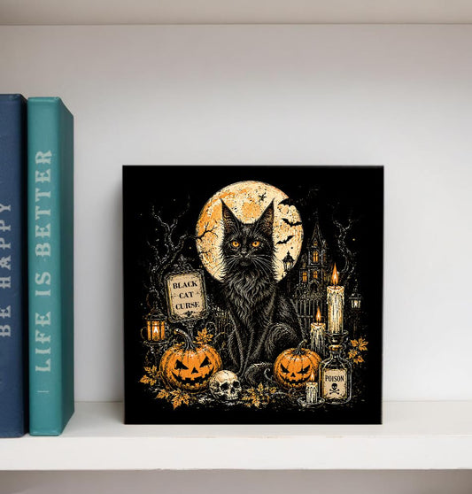 Spooky Black Cat Halloween Wooden Box Decorative Sign 5x5 Inch - color: I