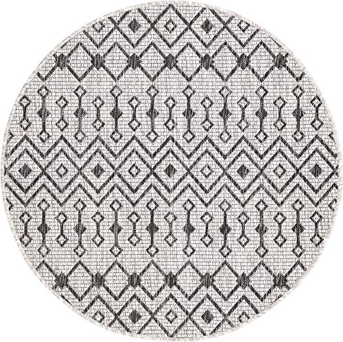 Unique Loom Outdoor Trellis Collection Area Rug - Tribal Trellis (3' 3" Round, Gray/ Black) - color: Gray/Black, size: 3'3" (Round)
