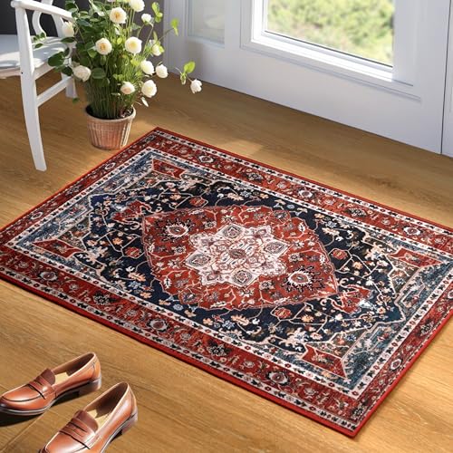 YJ.GWL Doormat Boho Area Rug 2x3, Machine Washable Small Low Pile Lightweight Thin Entryway Rug, Floral Vintage Distress Print Pattern Carpet for Entrance Kitchen Bedroom, Red - color: Red, size: 2' x 3' (Rectangular)