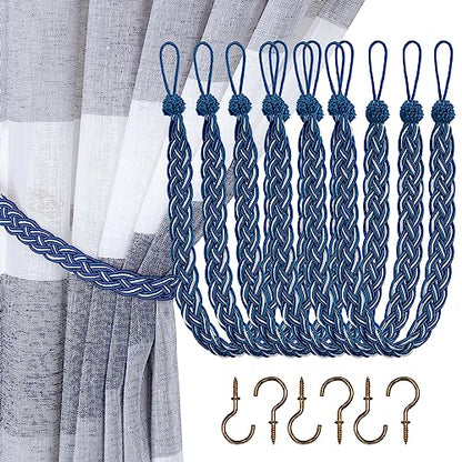 Home Queen Hand Braided Curtain Tie Back, Buckle Holdback Drapery Curtain Tiebacks, 6 Rope Belt Curtain Tie with 6 Metal Hooks, Navy and Silver - color: Navy+silver, size: 6 Pack