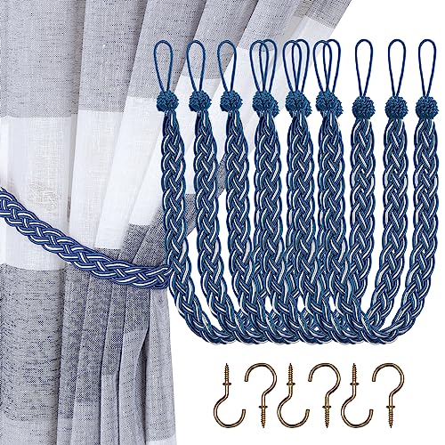 Home Queen Hand Braided Curtain Tie Back, Buckle Holdback Drapery Curtain Tiebacks, 6 Rope Belt Curtain Tie with 6 Metal Hooks, Navy and Silver - color: Navy+silver, size: 6 Pack